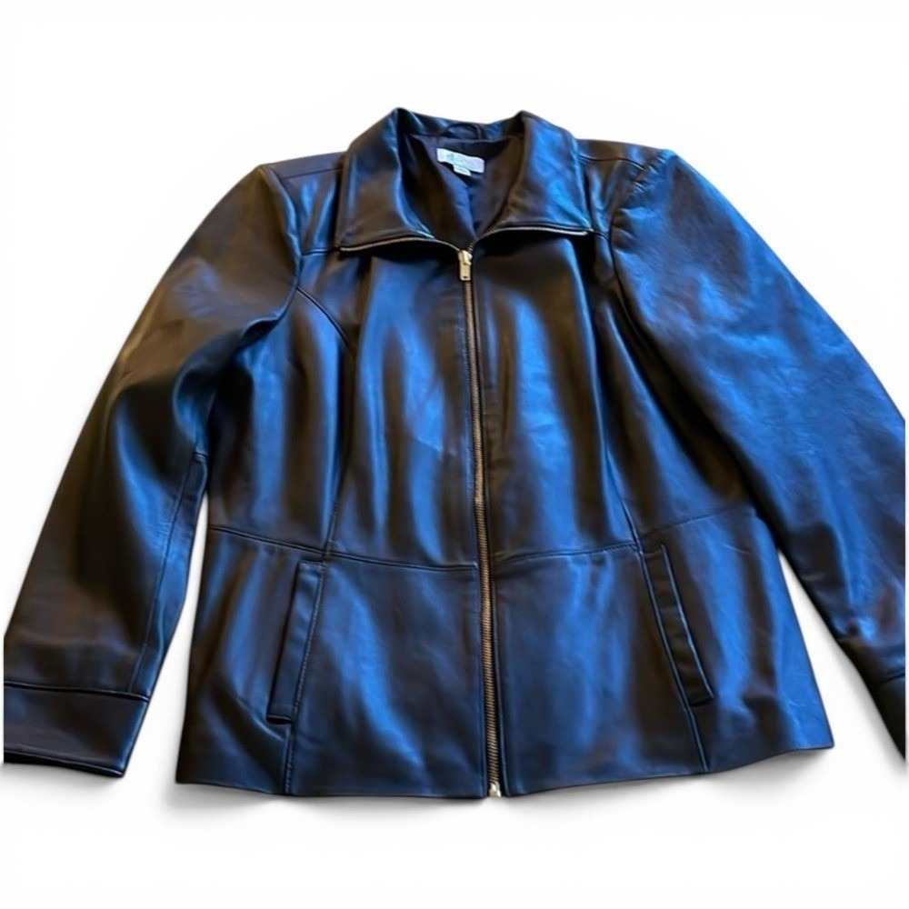 D&Co Womens Black Genuine Leather Jacket Zip Front Fitted Biker Coat Size M
